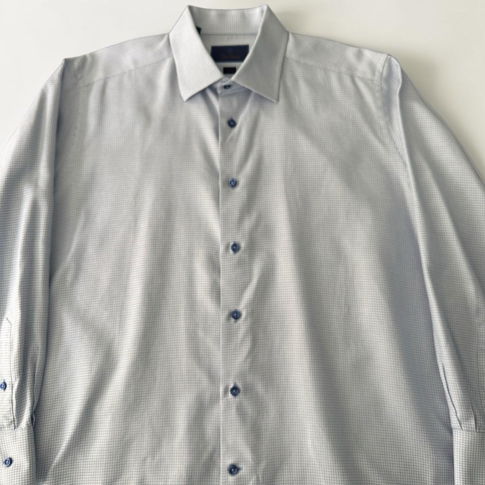 David Donahue Trim Dress Shirt Men XL 17 32/33 White Blue Micro Check Cotton - Picture 7 of 12